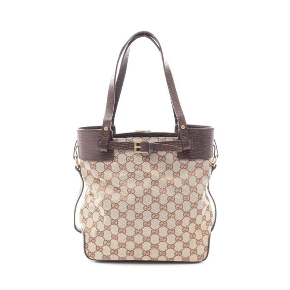 Gucci GG Canvas Tote Bag Leather Beige Cream Brown